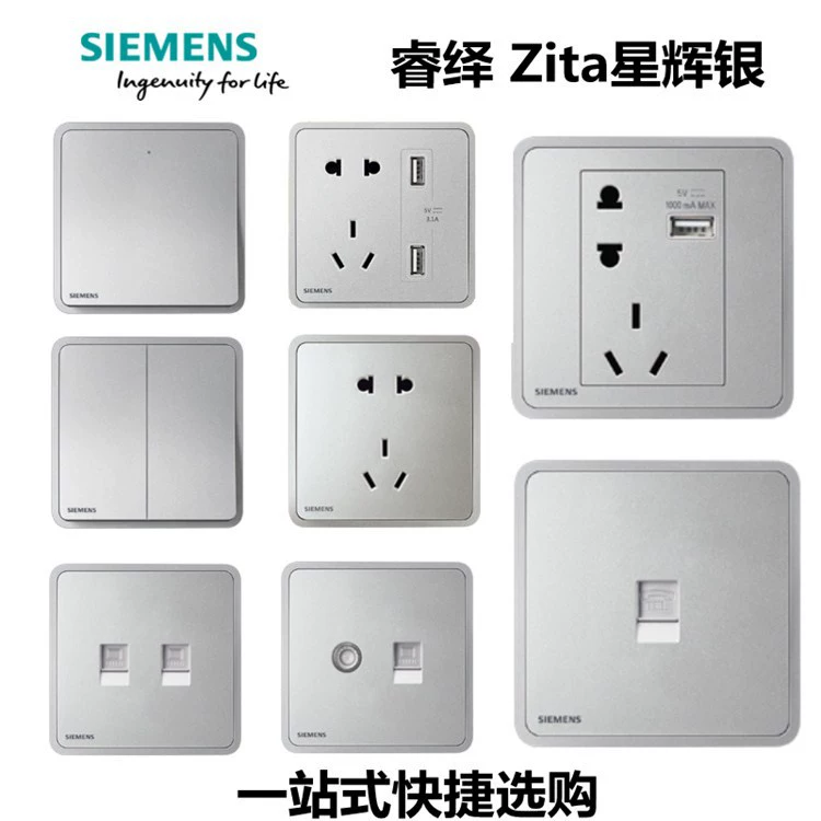 Сетевой выключатель Siemens Ruiyi серия Xinghui серебристая панель с пятью отверстиями и USB, установка в домашних условиях
