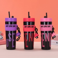 夏の大容量高颜値プラスチックカップシンプルでファッションストローカップ屋外車載携帯スポーツカップ