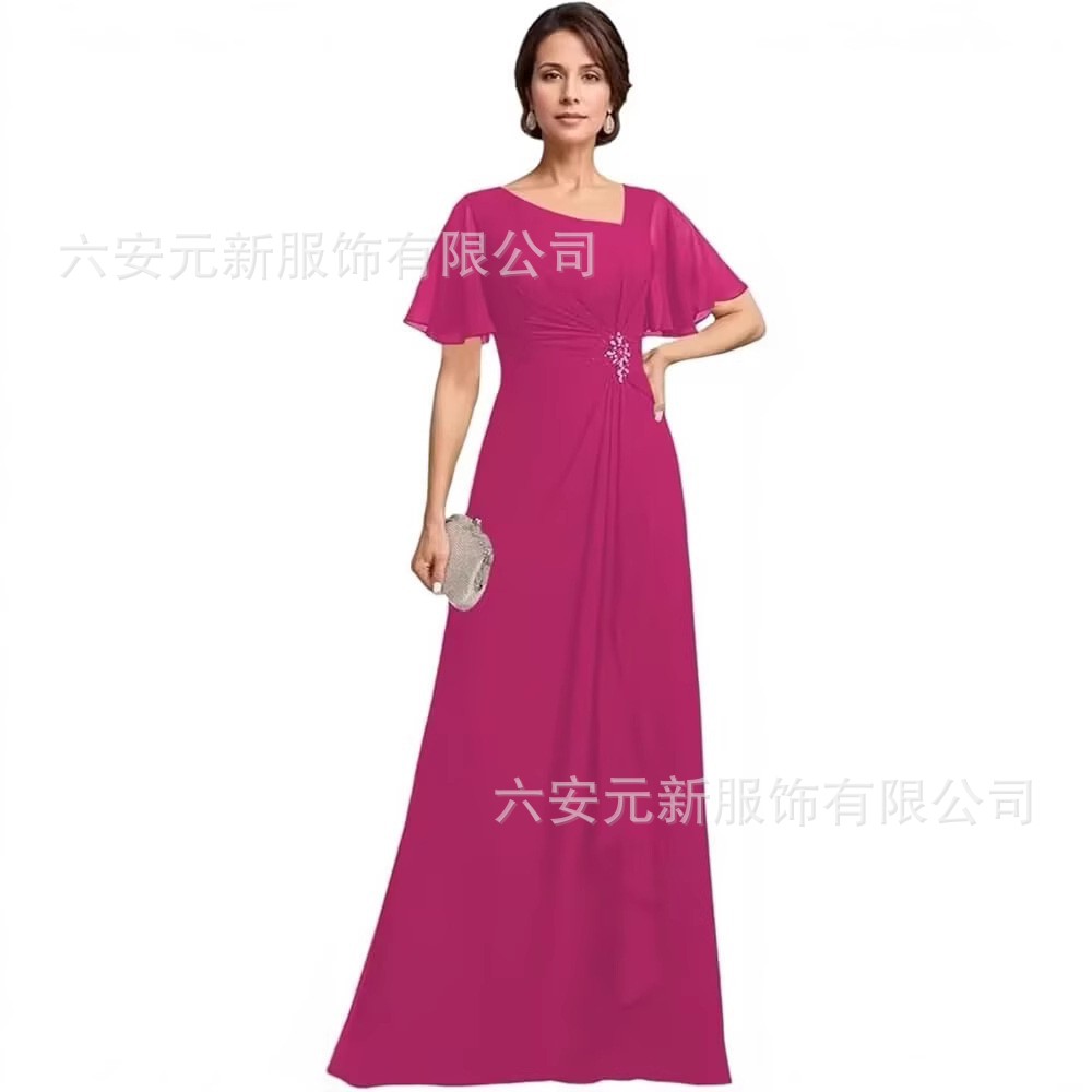 Vestido de novia de gasa de Amazon vestido de madre mariposa de manga corta plisada larga aplicación vestido de invitado de boda