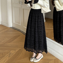 2025秋冬中长款半身裙蕾丝加绒大摆遮胯松紧腰设计感蕾丝高腰裙