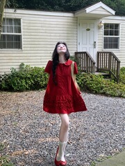 2025 新しい赤いベビードールカラー半袖ドレス女性の夏のレトロ年齢軽減耳 A ラインスカートショートスカート