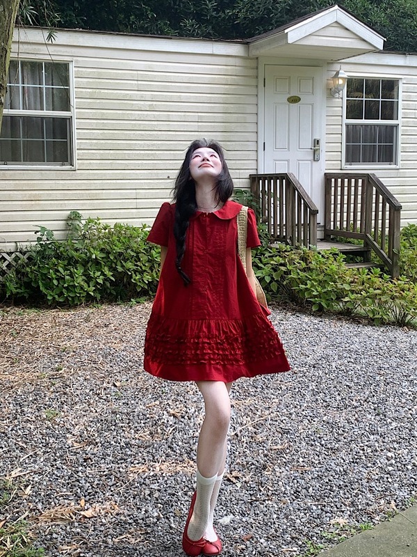 2025 新しい赤いベビードールカラー半袖ドレス女性の夏のレトロ年齢軽減耳 A ラインスカートショートスカート|undefined