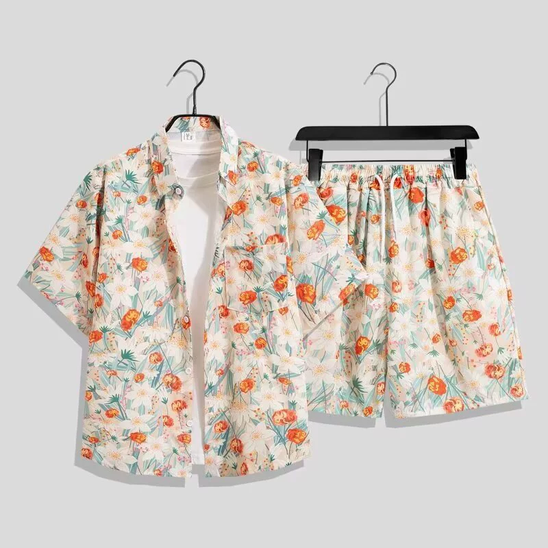 Мужская рубашка в гавайском стиле, летние свободные шорты с короткими рукавами, модная и красивая пляжная одежда для пар с цветочным принтом