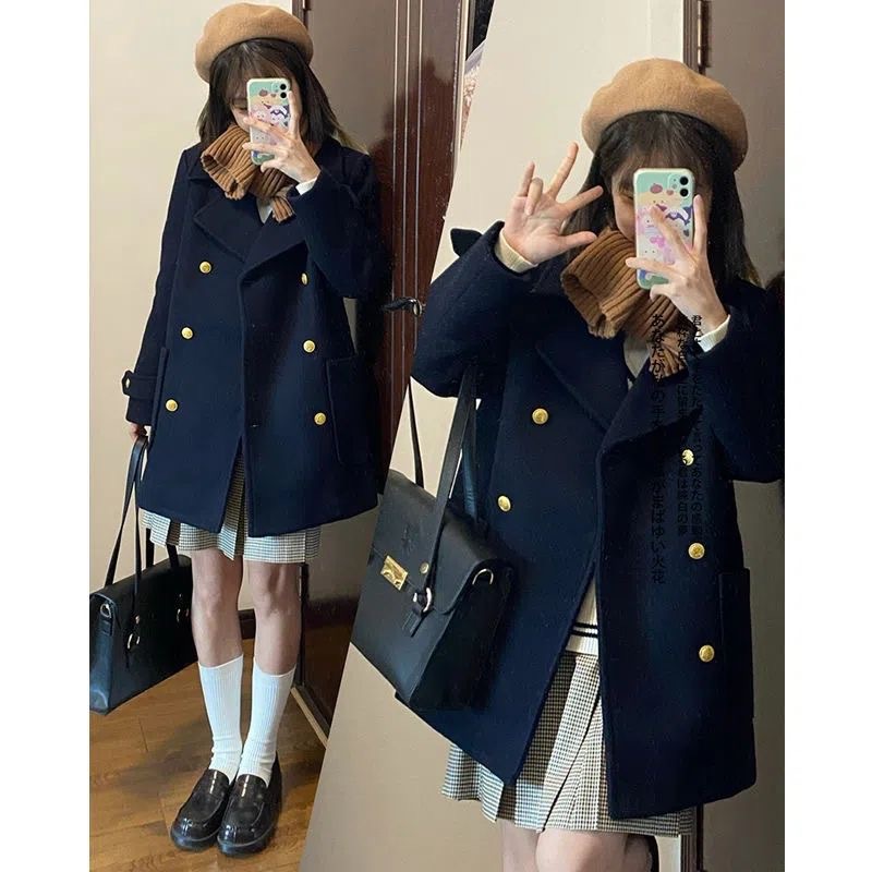 日系学院风毛呢外套女秋冬新款jk制服双排扣小个子中长款呢子大衣
