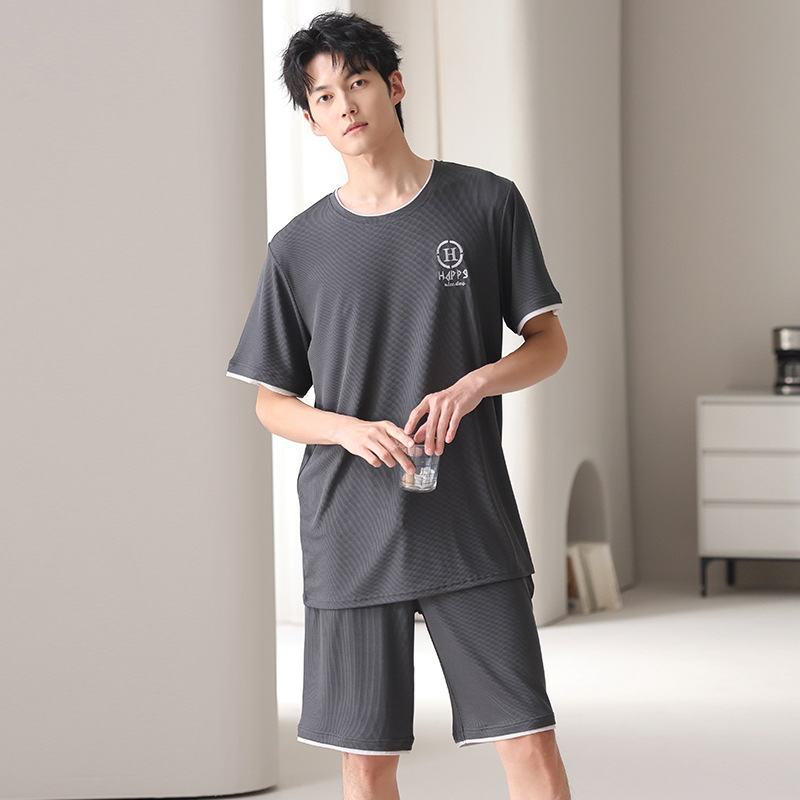 ZHUOJIA 남자의 얼음 실크 스레드 잠옷 남자 여름 짧은 소매 반바지 새 가정 의류 청소년 캐주얼 정장