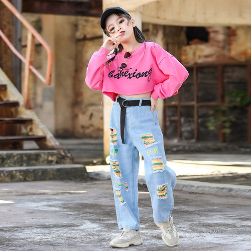 pink jeans Rapper singers hiphop costumes for girls children street dance clothing hip-hop jazz girls  performing acrobatics show girl 