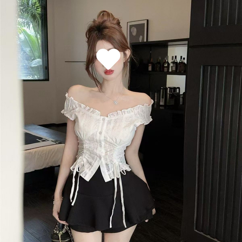 Pure Desire Style White Lace-Trimmed Chic Sleeveless Top for Women, Summer Off-Shoulder Two-Way Wear, Waist-Cinching Drawstring Blouse Pure Desire Style White Lace-Trimmed Chic Sleeveless Top for Women, Summer Off-Shoulder Two-Way Wear, Waist-Cinching Drawstring Blouse