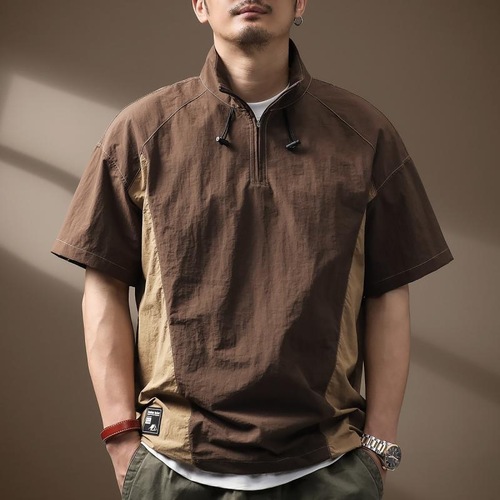 American Style Functional Windproof Dry Ice Silk Polo Shirt Men's Short Sleeve T-Shirt Summer Outdoor Lightweight Half Zip Casual T-Shirt