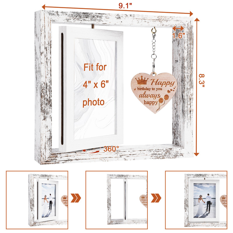 Cross-border Retro Wooden Rotating Photo Frame Creative Love Pendant Photo Frame Table for Mother's Day Christmas New Year Gifts