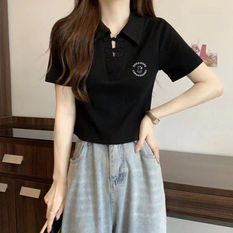 中国風半袖中国風ポロカラーボタンショルダーソリッドカラーTシャツレディースショートVネックフレッシュスリムフィットトップ|undefined