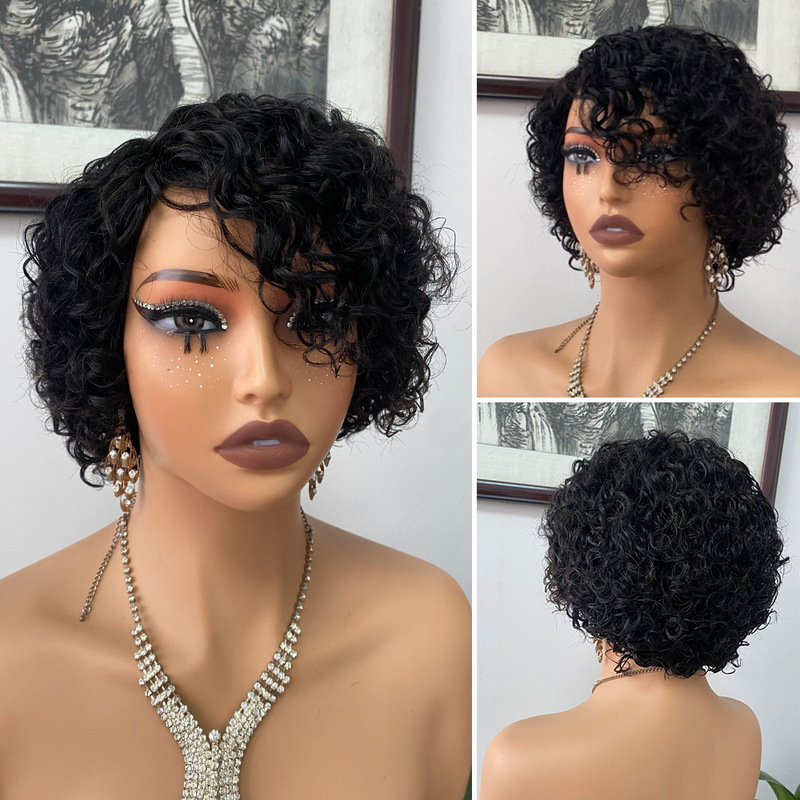 Short Curly Wig with Bangs and Side Part, African Cross-Border Human Hair Wigs