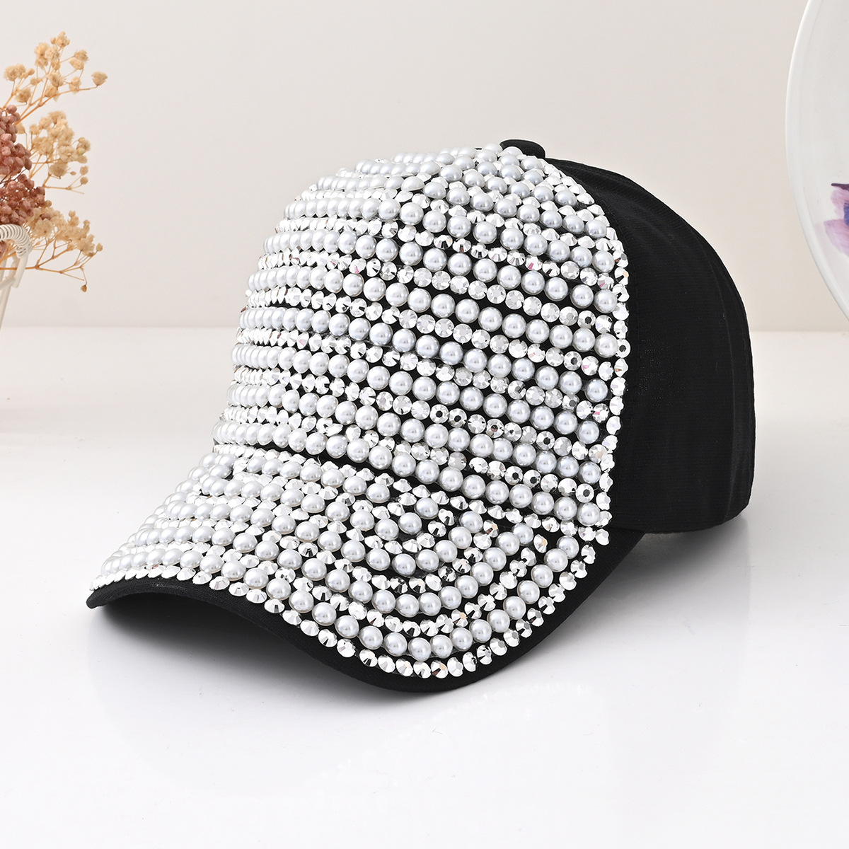 Explosiones transfronterizas de moda de género neutro para mujeres gorras de béisbol redondas de perlas incrustadas de diamante gorras de boca de pato campamento hoguera