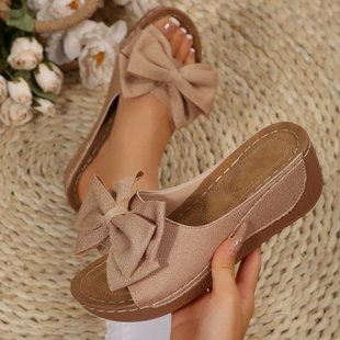 Cross-Border Large Size Slippers 2025 Summer New Casual Retro Bow Lightweight Casual Sandals for Women
