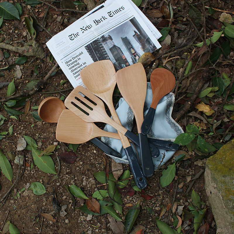 榉木蓝灰色手柄烹饪铲勺套装不粘锅煎铲炒菜锅铲木汤勺木质小饭铲