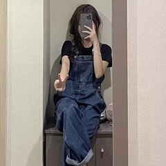 韩版牛仔背带裤女大码2025春秋新款韩版宽松减龄可盐可甜连体裤