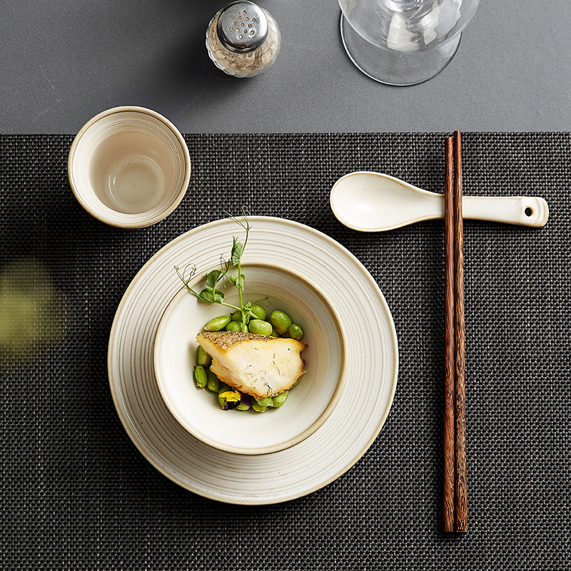 Line-Patterned Bowls and Plates with a Refined Feel, Chinese-Style High-End Five-Star Hotel Tableware Set, Ceramic Tableware Wholesale