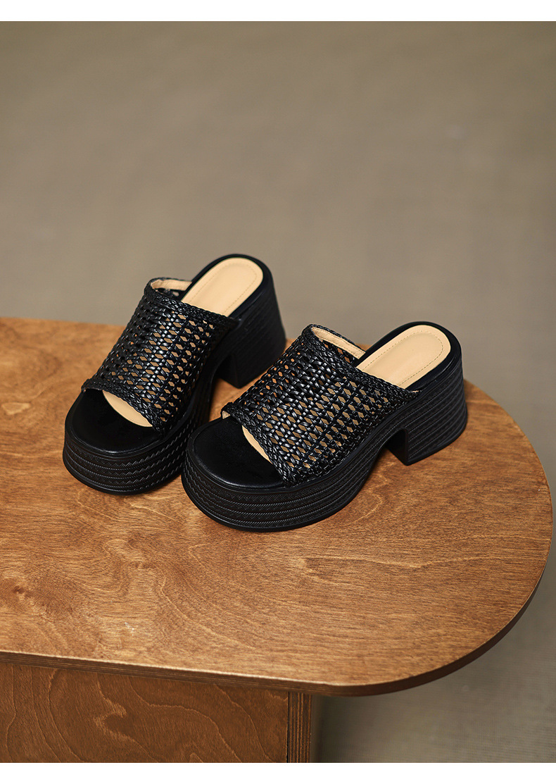 Sandal cao gót nữ đế dày phong cách La Mã, mũi hở, quai đan lộng lẫy — màu đen, màu trắng ngà chi tiết 15