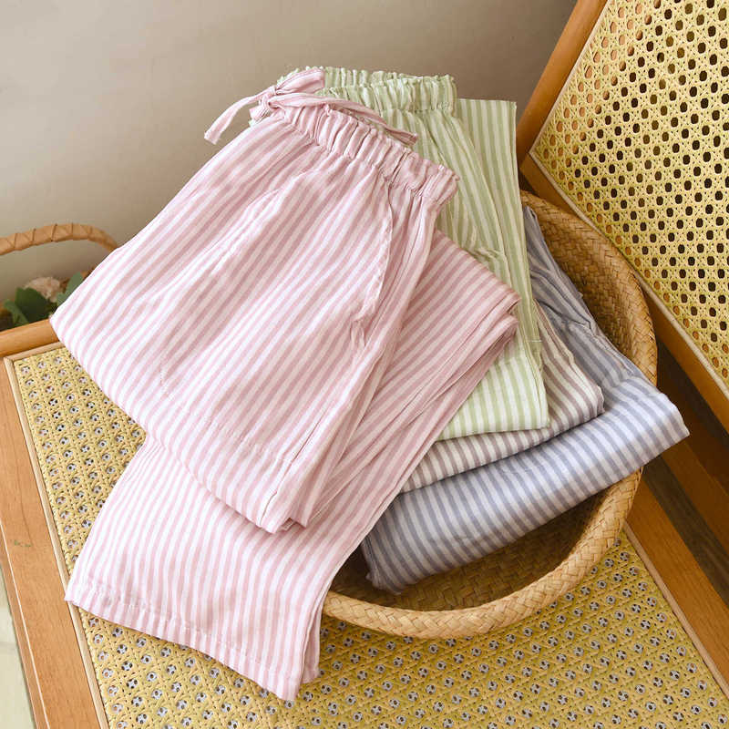 Women's Spring, Summer, and Autumn Thin Pajama Pants, Double-Layer Gauze, All-Cotton, Home Striped Pajama Pants, Soft and Loose Long Pants Women's Spring, Summer, and Autumn Thin Pajama Pants, Double-Layer Gauze, All-Cotton, Home Striped Pajama Pants, Soft and Loose Long Pants