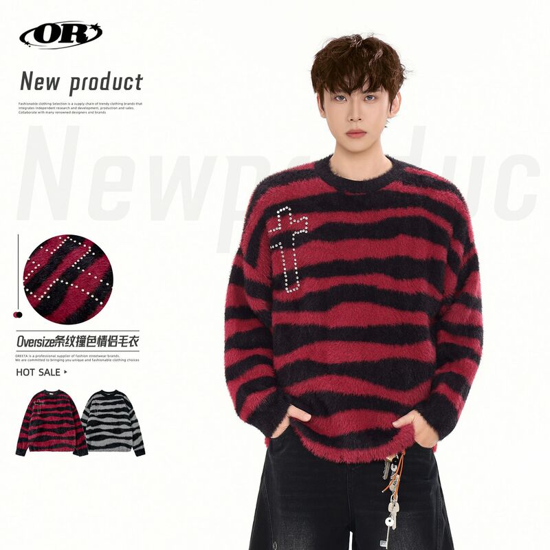 Oreeta丨Chinese Style Stripesd Rhinestone Cross Knitwear for Men and Women, Loose and Lazy Imitation Mohair Knitwear