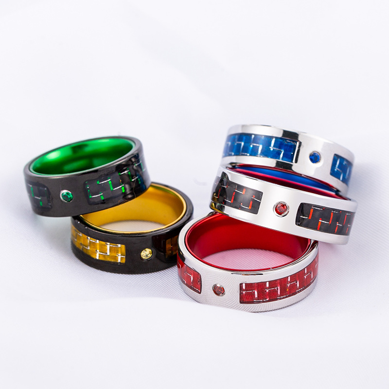 Cross-Border fashion foreign trade Europe and the United States trend colorful multi-color titanium steel carbon fiber Diamond men's ring spot wholesale