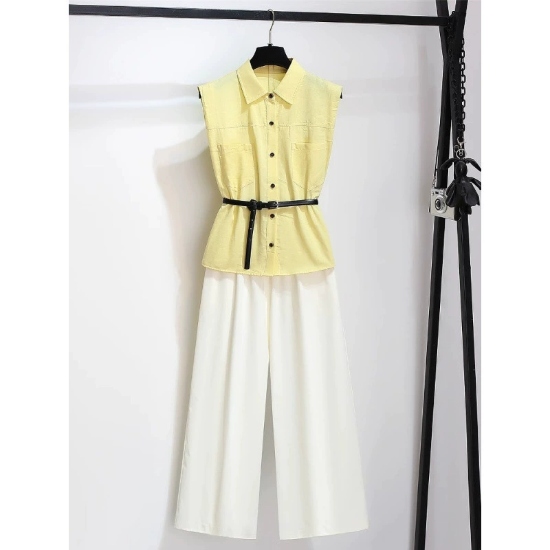 Летний костюм для женщин 2025 года, новый, стройнящий, безрукавка белая, широкие брюки, комплект из двух предметов