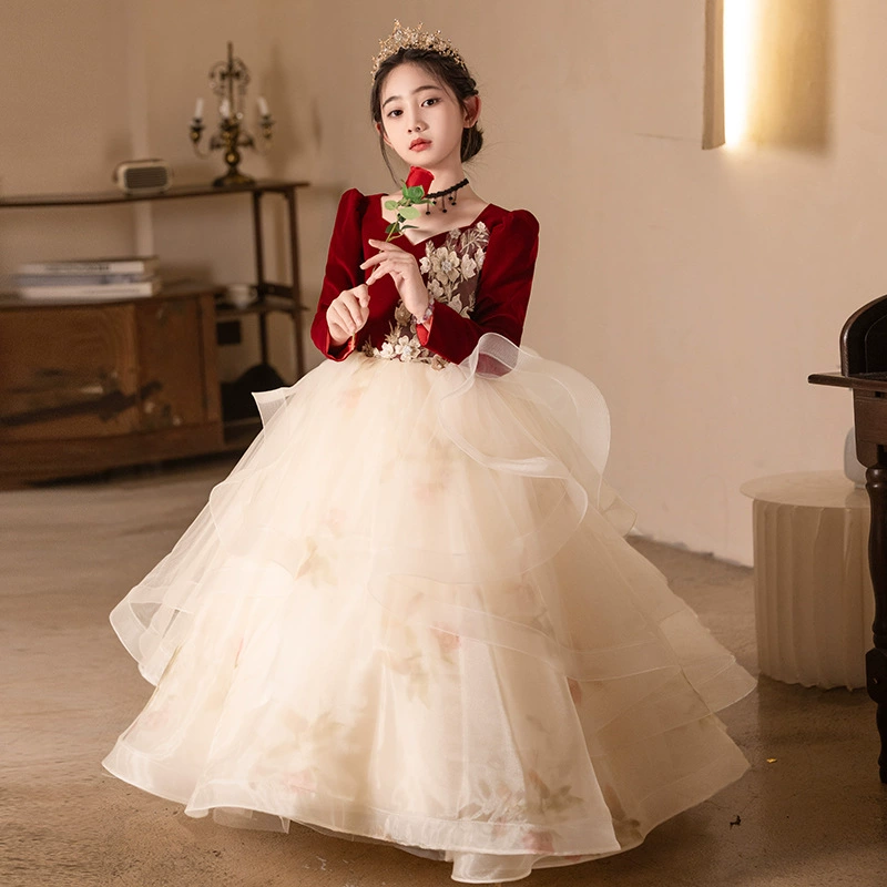 Elegant elite dress, velvet red piano, small princess costume, Birthday gift