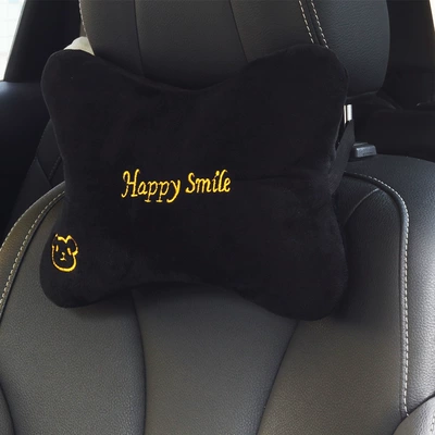 Plush Neck Pillow, Car Interior Accessories, Headrest - black-crystal-velvet-headrest-letter-bear-head