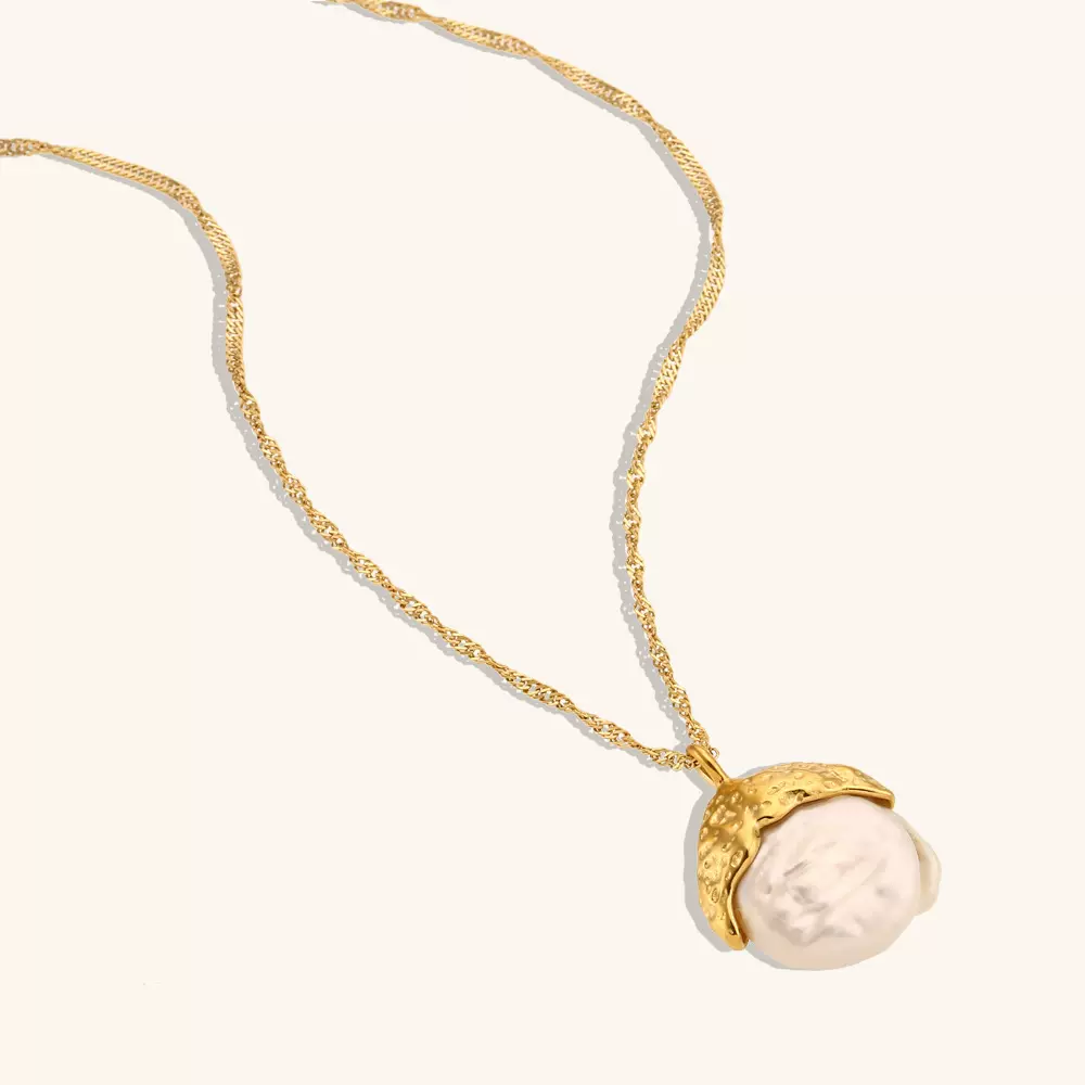 欧美跨境热卖凹凸金属巴洛克珍珠吊坠毛衣链 不锈钢镀18K金色项链