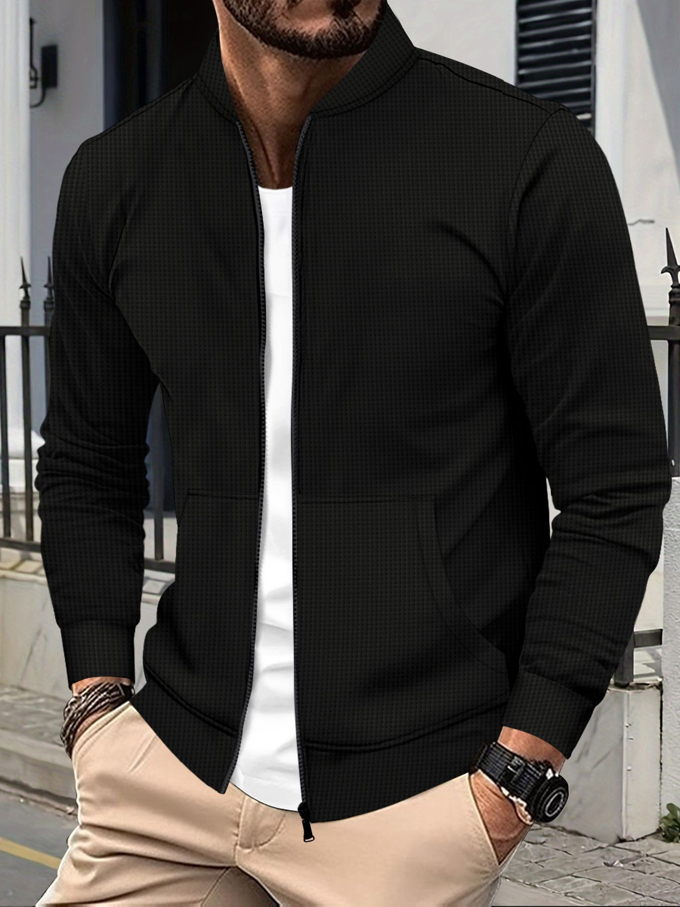 Herren Baseballjacke Langarm Waffelstrick Einfarbig Mit Reißverschluss_voghion.com