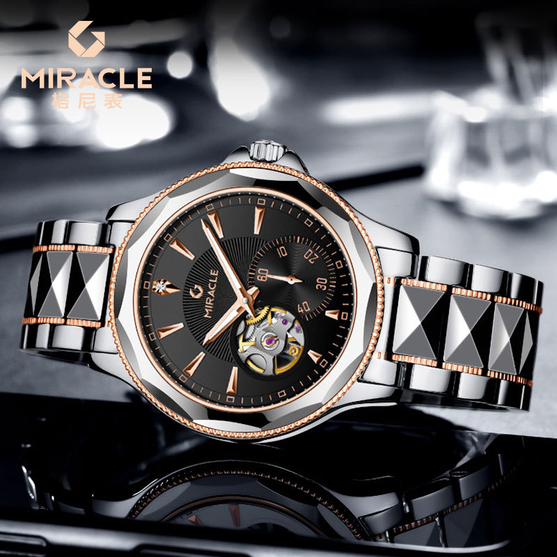 Đồng hồ nam automatic lộ máy dây thép không gỉ mặt số đen — Thắt lưng thép hoa hồng 9018 hình tròn màu đen