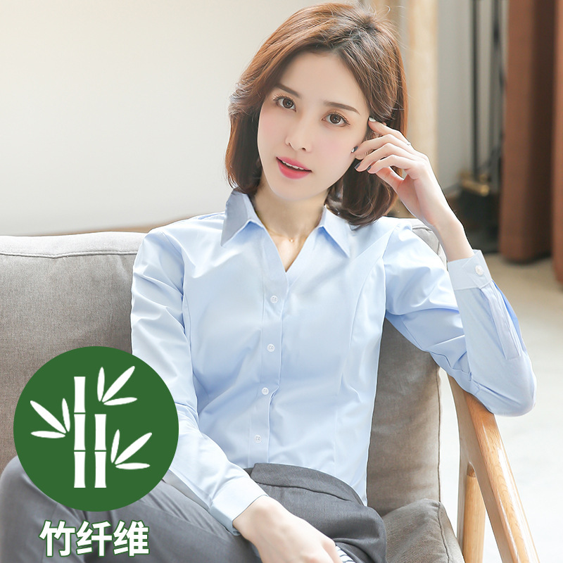 白い長袖シャツ 女性用 オフィスウェア ワークウェア 竹繊維 Vネック 小衿 白シャツ 卸売|undefined