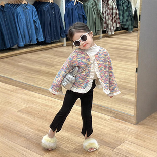 Girls' autumn clothing Chanel style colorful soft glutinous woolen lace coat + white inner wear + black flared pants separately shot