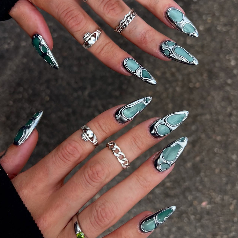 Cross-Border Hot-Selling Green Heavy Metal Long Pointed Wearable False Nails High-Quality Three-Dimensional Metal Element Nail Art Wholesale Cross-Border Hot-Selling Green Heavy Metal Long Pointed Wearable False Nails High-Quality Three-Dimensional Metal Element Nail Art Wholesale
