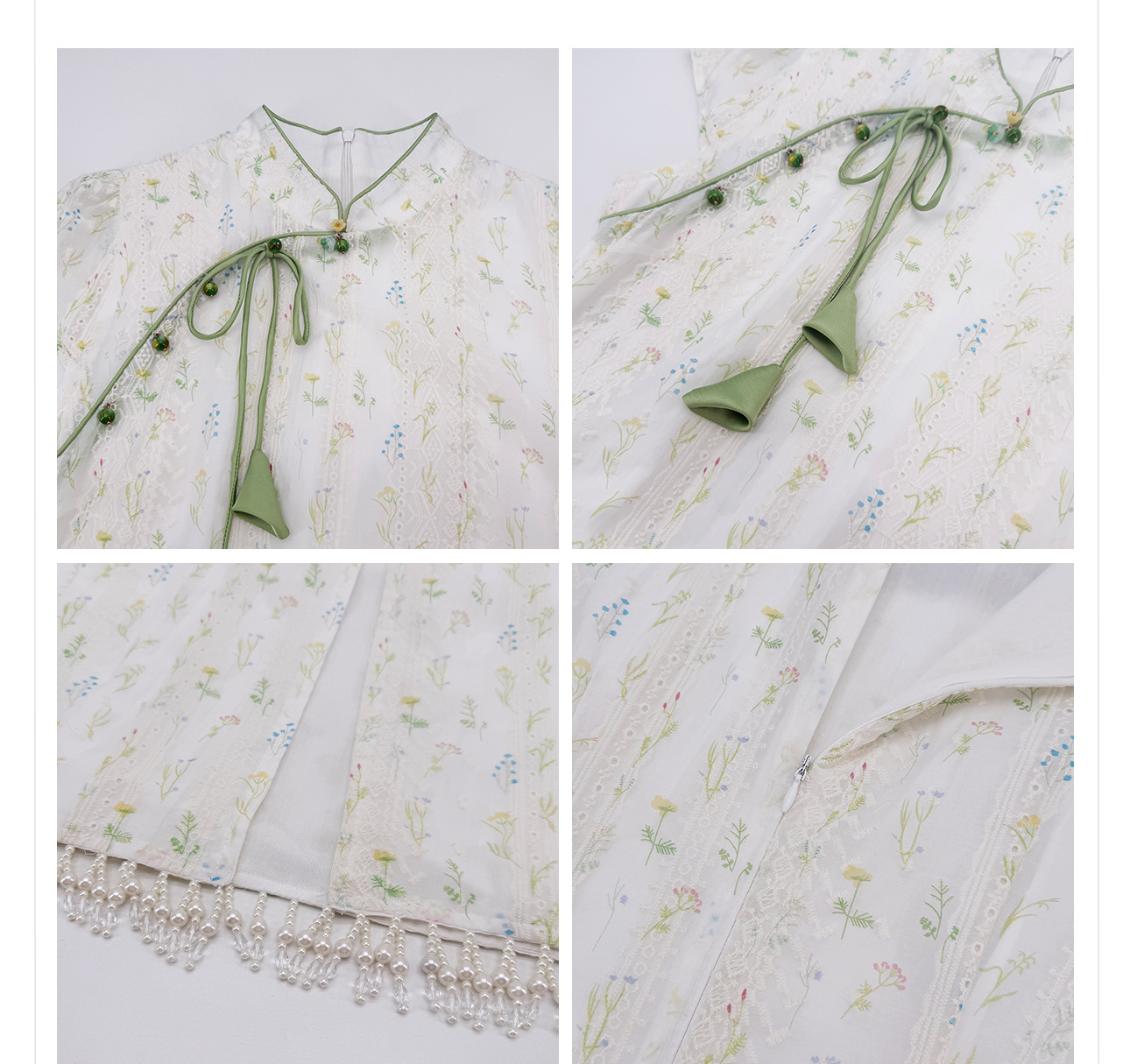 Đầm maxi nữ thắt eo phong cách tân cổ điển cổ đứng cột dây họa tiết hoa nhỏ xẻ tà — màu mơ chi tiết 2