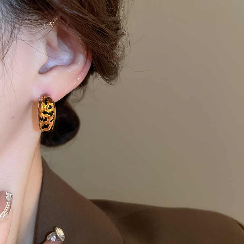 Boucles d'oreilles à clous géométriques à imprimé léopard en or véritable plaqué or haut de gamme, boucles d'oreilles rétro, boucles d'oreilles à la mode et au tempérament_voghion.com