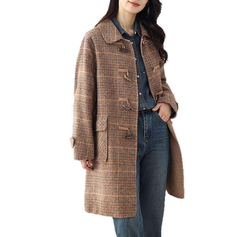 Elegant Retro Plaid Duffle Coat 2023 Autumn and Winter Women's Wool Woolen Autumn Woolen Coat Women's Hair