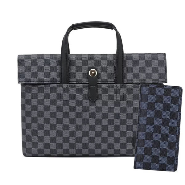 Gray checkered horizontal large bag + long wallet