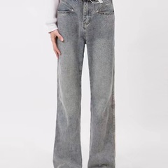 Mokuang Youth ヘイズブルー スリム ウォッシュド ブーツカット パンツ ブルー パンツ 多用途 ティーンエイジャー ニッチ デザイン ジーンズ