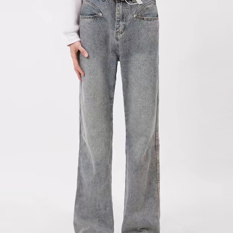 Mokuang Youth ヘイズブルー スリム ウォッシュド ブーツカット パンツ ブルー パンツ 多用途 ティーンエイジャー ニッチ デザイン ジーンズ|undefined