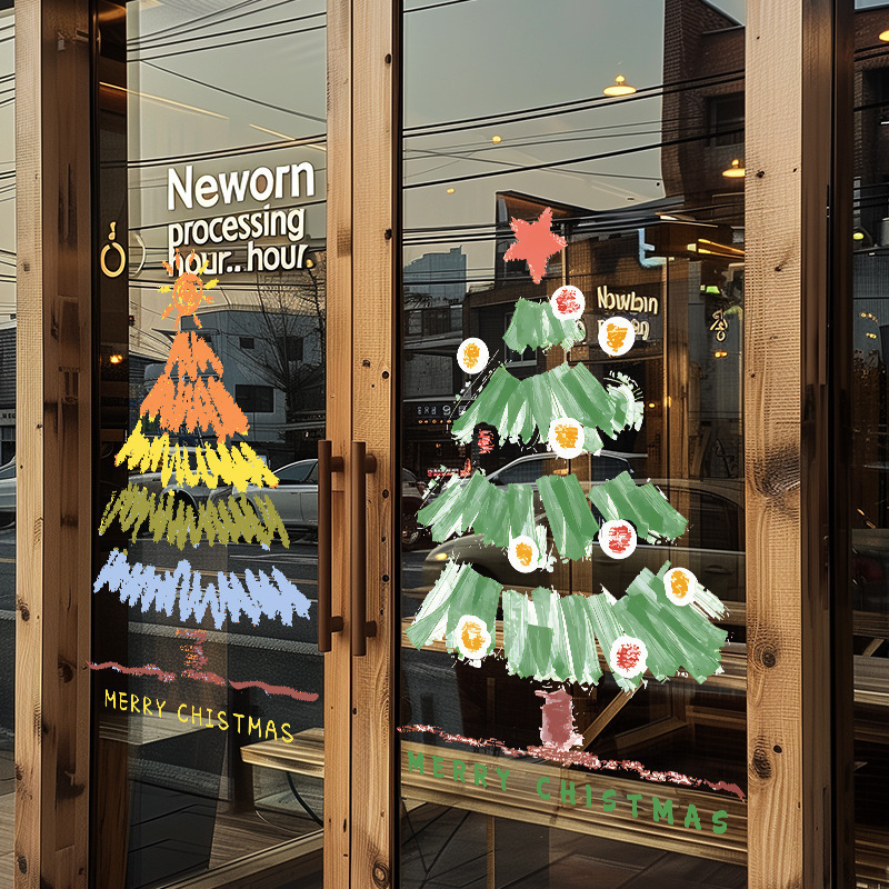 クリスマスのガラスのステッカーのドアはクリスマスツリーの静電気を貼ってデパートの窓の花を貼ってショーウインドーのシーンを飾って全体を飾ります。|undefined