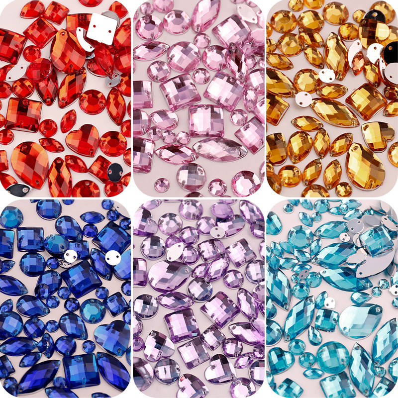 Color mixed acrylic hand stitched diamond flat drill double hole drill DIY clothing accessories wedding dress material flat drill
