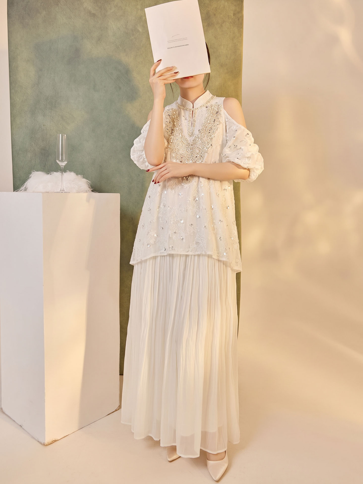 Đầm maxi tay bong bóng mở rộng vai — Tuyết Xanh, Aurora trắng