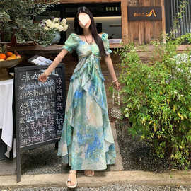 法式气质甜美风晕染连衣裙女夏季度假风收腰显瘦垂感长裙