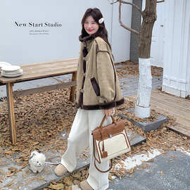 实拍时髦洋气皮毛一体羊羔毛外套女秋冬2026新款机车服麂皮绒棉衣