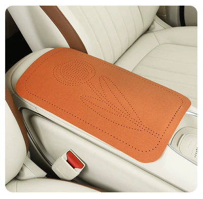 Car armrest cushion, double-sided Nappa leather, breathable perforated armrest protector, universal central armrest heightening pad (Armrest box pad) - vibrant-orange