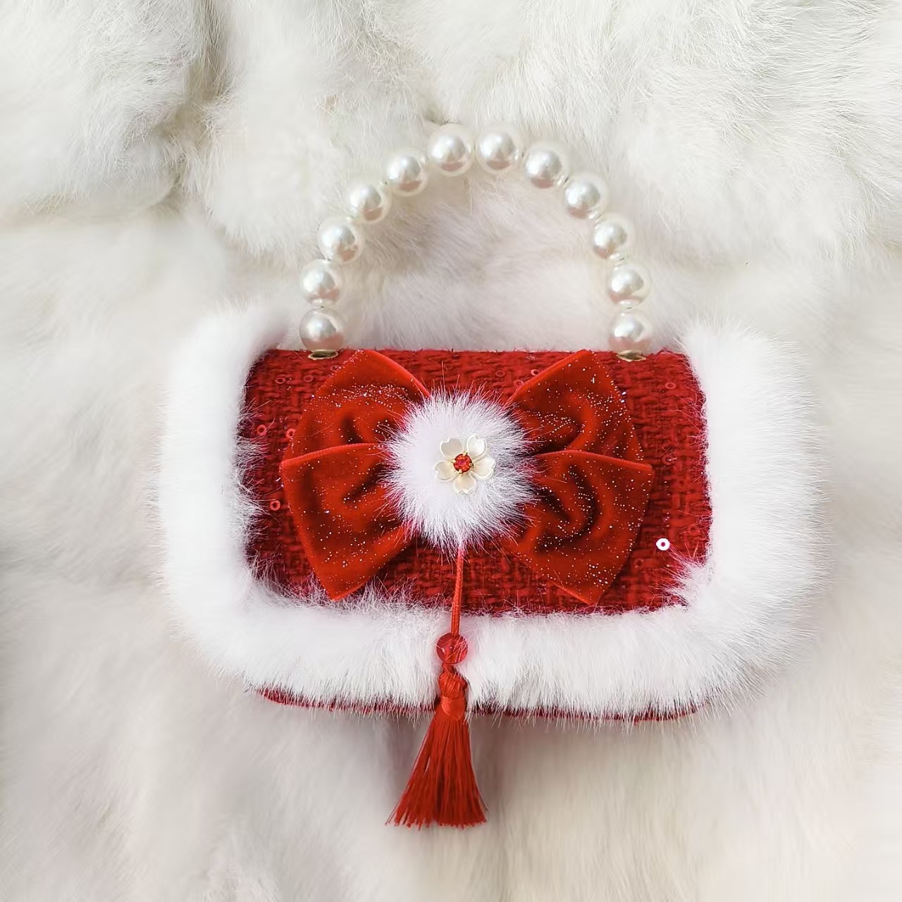 Gran arco rojo bolso de princesa bolso de perla bolso de Año Nuevo bolso de cambio accesorios cadena de hombro