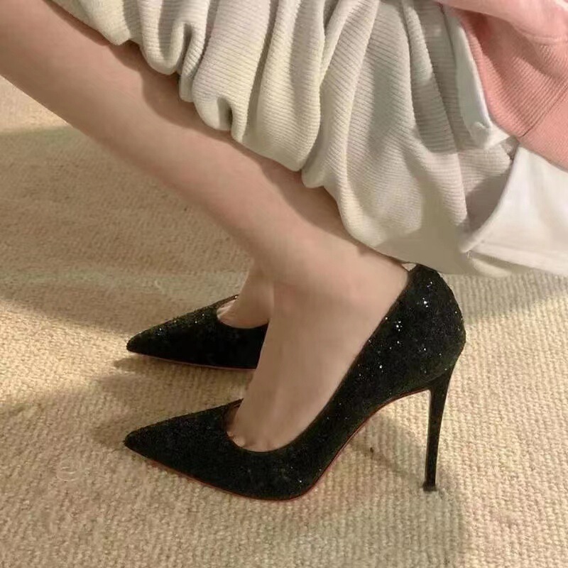 Plus Size Black Red Sole High Heels Women's Stiletto Heel 2025 Spring and Summer New Sequined Wedding Shoes Pointed Toe Professional Sexy Shoes