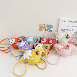2025 Winter New Women's Bag Fashionable Straw Shoulder Crossbody Children's Bag Cartoon Plush Accessories Baby Storage Bag
