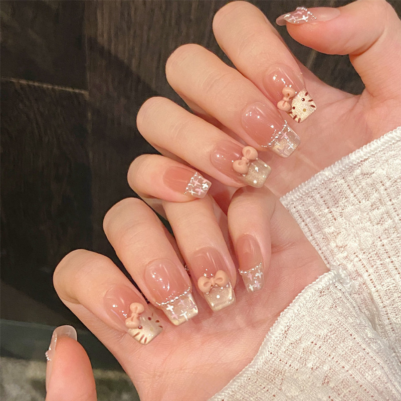 Wearable Nail Tips in Nude Pink with Sweet Cat Bow Bead Chain, Short Style, Cute French Cat Eye Handmade Nail Tips Wearable Nail Tips in Nude Pink with Sweet Cat Bow Bead Chain, Short Style, Cute French Cat Eye Handmade Nail Tips