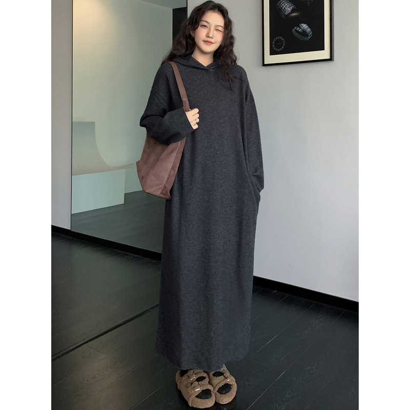 60226 # Actual Shot of the New 2025 Stereo Lazy and Casual Extra Long Knitted Skirt Hooded Sweater Lazy Dress